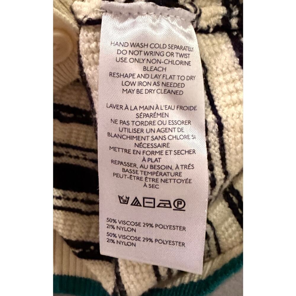Maeve Anthropologie Striped Knit Polo Cardigan Sweater Black Cream Green Trim - Picture 8 of 9